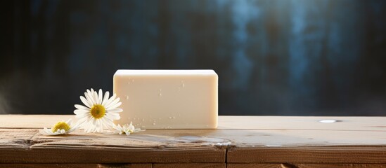 A chamomile flower sits on a wooden table beside a bar of soap creating a serene and natural image with copy space