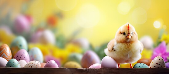 Aufkleber - Bright yellow Easter background with chicken and copy space