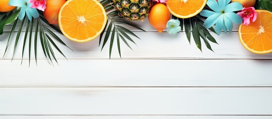 Poster - Top view of a tropical summer concept photograph with summer accessories arranged on white wooden planks The composition creates a background image with ample copy space