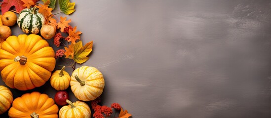 Wall Mural - Thanksgiving or harvest flatlay with pumpkins on grey textile background Autumn fall concept Holiday decor. copy space available