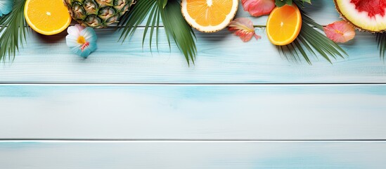 Poster - Top view of a tropical summer concept photograph with summer accessories arranged on white wooden planks The composition creates a background image with ample copy space