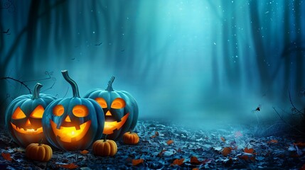 Wall Mural - Spooky Halloween pumpkins with glowing faces in a misty, dark forest setting.