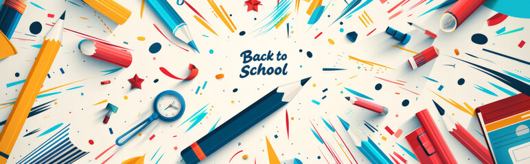 Wall Mural - eamless background pattern featuring a variety of colourful school supplies, including pencils, erasers, rulers, notebooks, and crayons, with a cheerful and energetic 