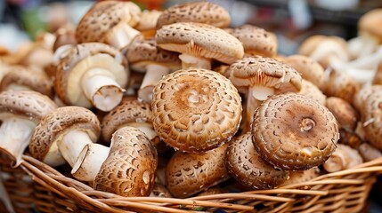 Wall Mural - Shiitake mushrooms in basket at market, gill culinary stem vegetarian