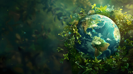 Wall Mural - A digital art representation of Earth with half covered in lush greenery and flora. symbolizing life 