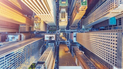 Wall Mural - An aerial perspective of a dense financial district with numerous office buildings and corporate headquarters, showcasing the citys bustling commercial center
