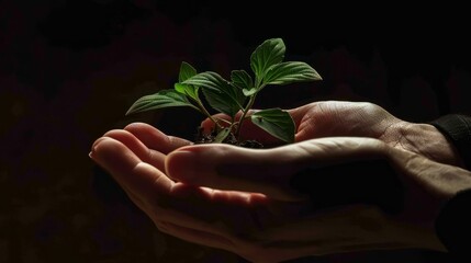 Wall Mural - A pair of hands cradles a small green plant with a dark background, showcasing a symbolic gesture of care and nurturing
