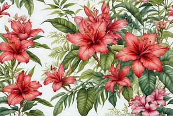 Vibrant Flower Bouquet Wallpaper featuring Red Ginger (Alpinia purpurata), Hibiscus, and other tropical plants