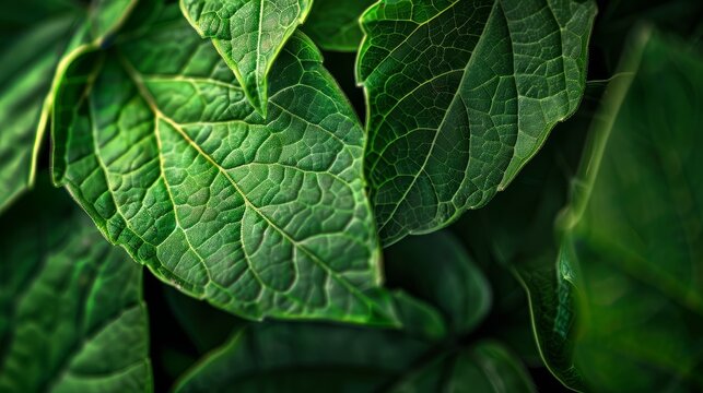 A macro photo capturing the intricate details of lush green leaves. The image highlights the veins and textures of the foliage