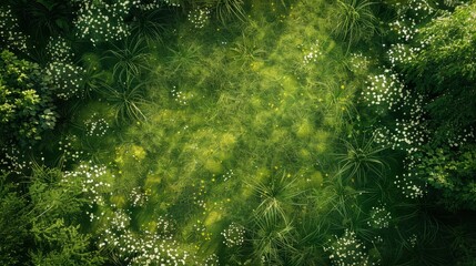 Wall Mural - A high-angle shot showcasing a vibrant green meadow dotted with white wildflowers. The natural beauty of the landscape is emphasized by the lush greenery and abundant blooms