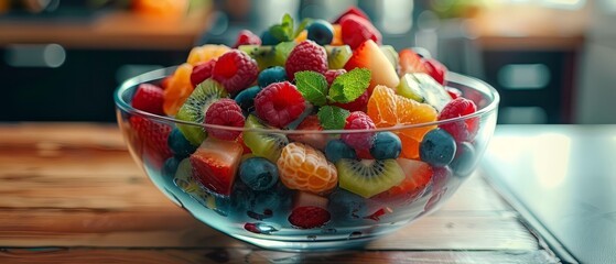 Wall Mural - Colorful fruit salad in a glass bowl, bright natural lighting