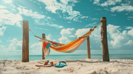 Poster - A low-angle perspective of a hammock hanging between two wooden posts on a sandy beach. A colorful beach towel is draped over the hammock
