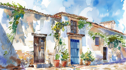 Wall Mural - A house with a blue door and a white roof