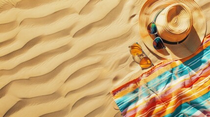 Wall Mural - A colorful beach towel is laid out on golden sand, accompanied by a straw hat and sunglasses. The scene evokes a relaxing beach day