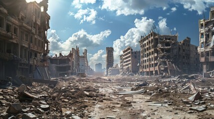 Wall Mural - Destroyed city after the war. Dramatic scene of the bombed out city. Human suffering and war