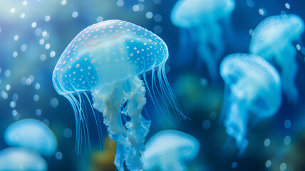 Wall Mural - Underwater life. Blue jellyfish swims in the ocean. Sea life. 