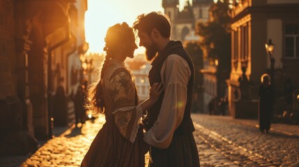 Wall Mural - Lifestyle portrait of Medieval young couple showing love at sunrise in Prague city in Czech Republic in Europe.