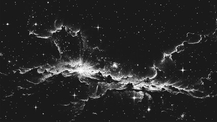 Aufkleber - Deep space scene background in stippling style with amazing huge nebula and glowing stars cluster in universe. Retro styled dotwork. Pointillism. Noisy grainy shading using dots. Vector illustration