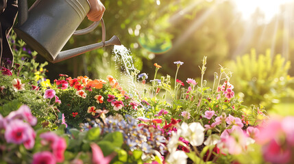 A gardener is watering flowers in the garden. with the summer sun shining brightly. 
