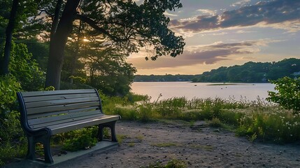 Aufkleber - Bench in the park at sunset Tranquil woodland landscape over Olney Pond at Lincoln Woods State Park Beach in Providence Rhode Island : Generative AI