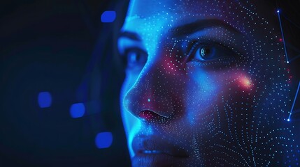 Leinwandbilder - Technological Scanning Biometric Facial Recognition Face Id Technological Scanning face of woman to identify and login for mobile phone user cyber security personal data protection con : Generative AI