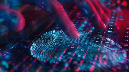Poster - Double exposure of abstract creative fingerprint hologram with hands typing on laptop on background research and development concept : Generative AI