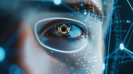 Aufkleber - Scan hologram eyes and face of man of biometric data cybersecurity and futuristic technology Holographic portrait identity software and person with future or digital facial recognition : Generative AI