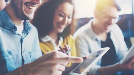 Aufkleber - Tablet work happy and business people in meeting for planning collaboration and strategy Smile speaking and corporate men reading information on technology for a plan ideas or teamwork : Generative AI