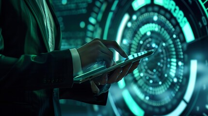 Poster - Cyber security network Data protection concept Businessman using digital tablet with biometric network security technology to access privacy data and management computer crime data enc : Generative AI