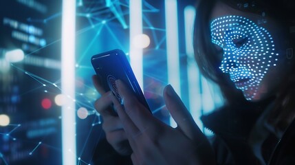 Leinwandbilder - Cyber security data protection Woman using mobile phone and fingerprint or face id scan to access personal data security on secured network connection Biometric technology data encrypt : Generative AI