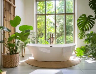 Poster - A serene bathroom with plants, bathed in natural light from large windows. A white freestanding tub sits on the right side of the frame, surrounded by a bamboo basket