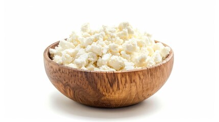 Poster - Cottage cheese contained in a wooden bowl on a white background