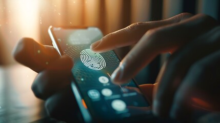 Leinwandbilder - man using fingerprint identification to access personal financial data on mobile phone mobile banking app biometrics cyber security innovation technologyBiometrics security system : Generative AI