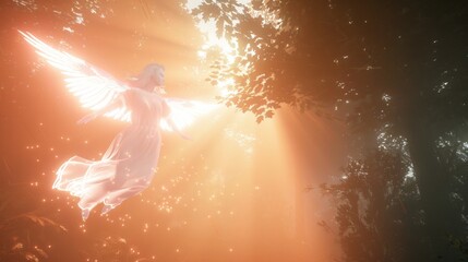 Wall Mural - Beautiful angel with wings flying in misty enchanted forest with sunlight rays.