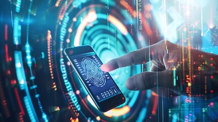 Leinwandbilder - man using fingerprint identification to access personal financial data on mobile phone mobile banking app biometrics cyber security innovation technologyBiometrics security system : Generative AI