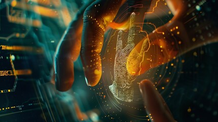 Leinwandbilder - Man scan fingerprint biometric identity and approval Secure access granted by valid fingerprint scan cyber security on internet of digital program futuristic applications cybernetic bu : Generative AI