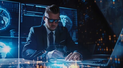 Fototapete - Businessman secures data with encryption and network security protecting transactions Cybersecurity for online business data privacy and defense against cyber attacks : Generative AI