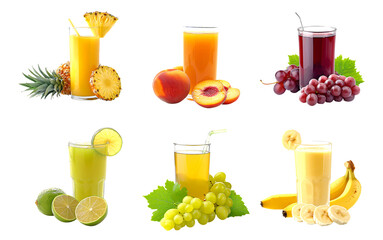 Juice, a vibrant collection of flavors, including pineapple, peach, grape, lime, and banana, served in glasses with garnishes of their respective fruits.