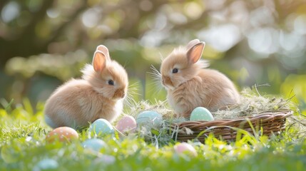 Wall Mural - Cute rabbit with colorful easter eggs on outdoor lawn.