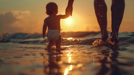 Wall Mural - Little cute baby walk with parents outdoors with warm sunlight at beach