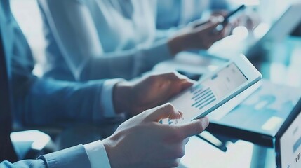 Aufkleber - Tablet work happy and business people in meeting for planning collaboration and strategy Smile speaking and corporate men reading information on technology for a plan ideas or teamwork : Generative AI