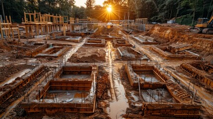 Poster - Generate an aerial view of a school construction site, with classrooms and gymnasiums being built.