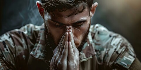Wall Mural - Soldier seeks strength and guidance from Jesus Christ through prayer before battle. Concept Prayer for Strength, Christian Faith, Battle Preparation, Spiritual Guidance, Soldier's Devotion