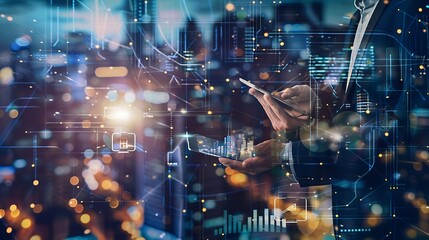Poster - Digital technology Business network connection Teamwork Deal Partnership and data exchange Investment analysis planning and  strategy Businessman working with digital device on smart c : Generative AI