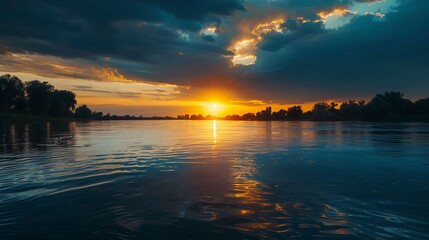 Wall Mural - A beautiful sunset over a calm lake with a reflection of the sun on the water