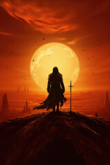 A mystical, lonely figure standing on a rocky outcrop, silhouetted against a fiery sunset sky with a large red moon, holding a sword and looking into the distance across a lifeless valley.