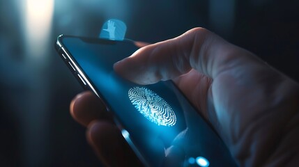 Poster - Power of Biometric Security Networks Person unlocking their mobile phone with fingerprint : Generative AI