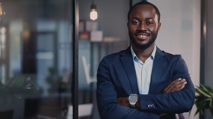 Leinwandbilder - Portrait of smiling african businessman standing in office with crossing hands : Generative AI