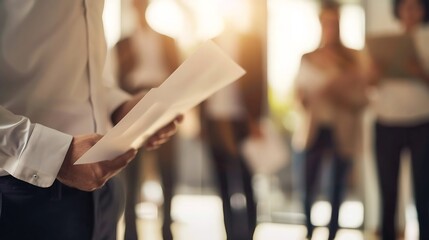 Aufkleber - Hispanic businessman holding papers hands and smilingYoung team of coworkers making great business discussion in modern coworking officeTeamwork people conceptHorizontal blurred backgr : Generative AI