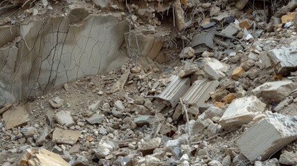 Wall Mural - A construction site now in disarray after a landslide brought down the foundation of a building and tered rubble all around.